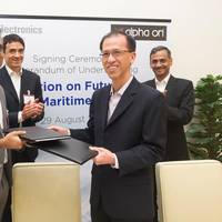 MOU signing ceremony - the MOU was endorsed by Capt. Rajesh Unni, CEO of Alpha Ori (front left of photo) and Mr Tang Kum Chuen, Deputy President of Corporate Development, ST Electronics (front right), and witnessed by Mr Andreas Sohmen-Pao, Executive Chairman of Alpha Ori Technology Holdings (back left), and Mr Ravinder Singh, President, ST Electronics (back right).  (Photo: ST Electronics)