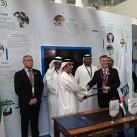 NDC Chief ExecutiveOfficer, Abdalla Saeed Al Suwaidi, and Lamprell Chief Executive Officer, Jim Moffat, shake hands after signing the contract award for two further high specification jackup drilling rigs which NDC awarded to Lamprell