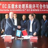 New manufacturing license agreement for Ballast Water Management Systems was signed by Dr Joe Thomas, Director, Wärtsilä Marine Solutions and Mr Zou Xiubin, Director, Jiujiang Precision Photo Wartsila