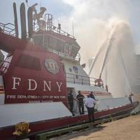 New York City Fire Department personnel respond to a fire on the motor vessel Grande Costa D’Avorio in Port Newark, New Jersey, July 6, 2023. (Photo: Dan Henry / U.S. Coast Guard)