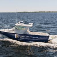 Huntington Ingalls Industries' 27-foot Proteus USV, outfitted with Sea Machines Robotics’ SM300 autonomy system. Photo courtesy HII/Sea Machines