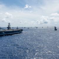 Nimitz-class aircraft carrier USS Carl Vinson (CVN 70) sails in formation off the coast of Hawaii during Exercise Rim of the Pacific (RIMPAC) 2024, July 22. (Photo: John Bellino / U.S. Navy)