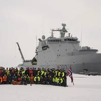 Norwegian Coast Guard vessel KV Svalbard and its crew at the North Pole: the ship is the first ABB Azipod powered craft to reach the Pole. (Photo: ABB)
