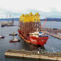 OHT’s MV Hawk arrives at the Port of Nigg, Scotland, with the final load of jacket foundations for Moray East from UEA. Image source: OHT