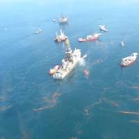 Oil near the Deepwater Horizon disaster spill source as seen during an aerial overflight on May 20, 2010. (Credit: NOAA)