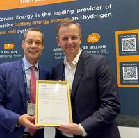 Olaf Drews, Head of Engines & Pressurized Equipment Maritime DNV and Fredrik Witte, CEO of Corvus Energy with the type approval certificate for the Corvus Pelican Fuel Cell. (Photo: Corvus Energy)