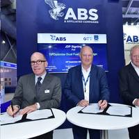 From left: Philippe Berterottiere, Chairman and CEO, GTT; John McDonald, ABS President and COO; and Svenn Magne Edvardsen, Managing Director, DHT; to sign a JDP at Gastech 2023. (Photo: ABS)