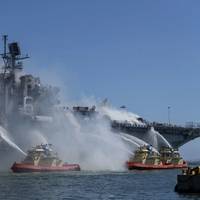 On the morning of July 12, a fire was called away aboard the USS Bonhomme Richard (LHD 6) while it was moored pierside at Naval Base San Diego while the warship was going through a maintenance availability, which began in 2018. (Photo: Christina Ross / U.S. Navy)