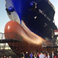 Perla del Caribe, the second of two LNG-fueled Marlin Class ships built by General Dynamics NASSCO for Tote, was launched at NASSCO’s yard in San Diego. (Photo: General Dynamics NASSCO)