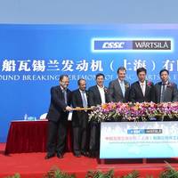 Picture at the groundbreaking ceremony, Roger Holm, Senior Vice President, Engines, Wärtsilä Marine Solutions and Wu Qiang, President of CSSC, in the middle. (Photo: Wärtsilä)