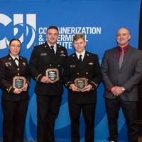 Pictured (left to right): John Berry, Crowley Wind Services; U.S. Merchant Marine Academy cadets Elizabeth Kay, Gianna Russo, Draygan Colonese, Charles Lausten; Joe St. Pierre, Crowley Wind Services (c) Crowley