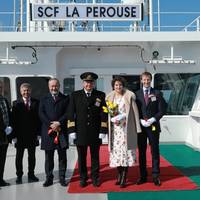Pictured, right to left: Arnaud le Foll, Total’s Country Chair Russia and Director General of Total Exploration and Production Russia; Fleur-Eve Durin le Foll, his spouse and the vessel’s sponsor; Alexander Matanov, the vessel’s master; Sergey Frank, Chairman of the Board of Directors of PAO Sovcomflot; Nikolay Kolesnikov, Executive Vice President and Chief Financial Officer of PAO Sovcomflot; Peter Justesen, Vice President for LNG Shipping at Total, and Grigory Aleksandrov, Director of Projects
