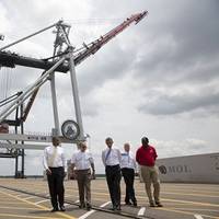 President Barack Obama tours the Jacksonville Port Authority, accompanied by (from left) Transportation Secretary Anthony Foxx; Dennis Kelly, TraPac Regional VP & General Manager; Roy Schleicher, CEO, Jacksonville Port Authority; and Fred Wakefield, International Longshoreman's Association representative. (Official White House Photo by Amanda Lucidon)