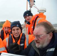 Putting their seamanship training to the test onboard the “Fairtide” from Offshore Marine Academy are (from left) Joe Stafford, Ralph Williams, Martyn Berrington and Scott Pitman with their tutor from the University, Andrew Eccleston.