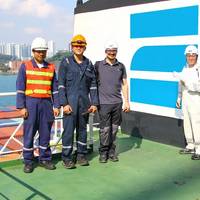 Representatives of Zeaborn Ship Management - Nautilus Log - Korean Register - Verifavia Shipping on-board E.R. TIANPING in Singapore. Picture: Michael Suhr/Zeaborn Ship Management
