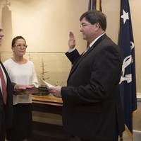 Richard V. Spencer is sworn in as the 76th Secretary of the Navy by William O'Donnell, Department of the Navy administrative assistant. (U.S. Navy photo by Jonathan B. Trejo)