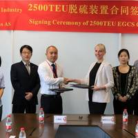 Signing ceremony; from left to right from Jinhai Heavy Industry Co., Ltd, Supply Department, Ms Summer Xia, Buyer, Mr John Zhou, Vice General Manager and Mr Zheng Jianzhong, General Manager. From Wärtsilä Ms Heidi Paulsrud General Manager, Exhaust Gas Cleaning, Sales & Marketing, Ms Yuan Alisa Ren, Sales manager and Mr Peter Xu, Sales manager.