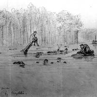 Sketch of the ship's wreck, entitled "Cairo Submerged", probably depicting the scene immediately after she was sunk by a Confederate mine in the Yazoo River, Mississippi, on 12 December 1862. Note men sitting on projecting timbers and swimming in the water nearby. Courtesy of Mrs. A. Hopkins, 1927. U.S. Naval Historical Center Photograph.