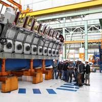 SUNY Maritime students get an up-close view of the assembly of an 18-cylinder Wärtsilä 50 diesel engine during their visit to Trieste, Italy. Photo Wartsila