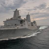 The amphibious transport dock Portland (LPD 27) has completed her first set of sea trials. The test and trials team at Ingalls Shipbuilding spent four days in the Gulf of Mexico operating the 11th San Antonio-class ship and demonstrating its systems. (Photo: Lance Davis/HII)