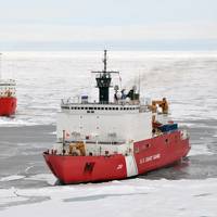 The Canadian Coast Guard Ship Louis S. St-Laurent makes an approach to the Coast Guard Cutter Healy in the Arctic Ocean, Sept. 5. The two ships are taking part in a multi-year, multi-agency Arctic survey that will help define the North American continental shelf. (Photo by Petty Officer 3rd Class Patrick Kelley)