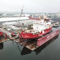 The CCGS Martha L. Black is fitted with Thordon’s propeller shaft bearings, Water Quality Package and rudder bearings at Heddle Shipyards in dry dock (Photo: Thordno Bearings)