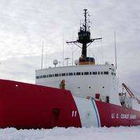 The Coast Guard Ice Breaker Polar Sea works the ice channel near McMurdo, Antarctica. USCG photo by Rob Rothway