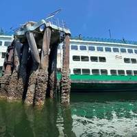 The damaged Cathlamet after the contact with the dolphin (left) and the damaged dolphin (right). (Source: NTSB (left), Washington State Ferries (right))