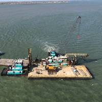 The dredge barge Everett Fisher sits aground in the Matagorda Ship Channel near Port Lavaca, Texas. (U.S. Coast Guard photo by Sector/Air Station Corpus Christi)