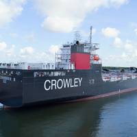 The El Coqui, a U.S. flag ConRo carrier, recently built specifically for the Jones Act Caribbean trades and powered by environmentally friendly LNG. CREDIT: Crowley Maritime