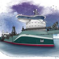 The first concept design released from the C-Job TSHD series is a 14,000 cu.-m. multifunctional dredger. The dredger is optimized for shallow water performance and features two (extendable) suction pipes, self-unloading systems, and eco-friendly features. (Photo courtesy C-Job Naval Architects)