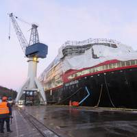 The first of Hurtigruten’s new hybrid powered expedition cruise vessels, the MS Roald Amundsen, under construction at the Kleven Yard in Ulsteinvik, Norway: delivery is expected in May 2019. (Photo: Tom Mulligan)