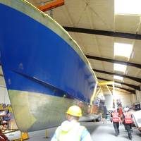 The first of the hulls of the PLA’s new survey vessel is removed from the mould at CTruk’s Essex yard (Photo: CTruk)