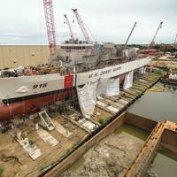 The first Offshore Patrol Cutter, USCGC Argus (WMSM 915) takes shape at Eastern Shipbuilding Group’s Panama City, Fla., shipyard.  The Coast Guard plans to build 25 OPCs. (ESG photo)