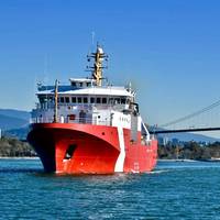 The future Capt. Jacques Cartier, the second of three Offshore Fisheries Science Vessels (OFSV) to be designed and built by Seaspan at its Vancouver Shipyards (VSY), began sea trials on October 10, 2019. Photo: Seaspan Shipyard.