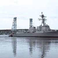The future USS Daniel Inouye (DDG 118) departs General Dynamics Bath Iron Works shipyard on Feb. 3 for acceptance trials. (Photo by SUPSHIP Bath)