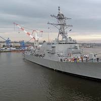 The future USS Thomas Hudner (DDG 116) returns after successfully completing acceptance trials. The Arleigh Burke-class destroyer spent a day underway off the coast of Maine testing many of its onboard systems to validate that their performance met or exceeded Navy specifications. (U.S. Navy photo courtesy of Bath Iron Works/Released)
