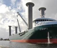 The futuristic “E-Ship I”, driven by four Flettner-Rotors for emission reduction reasons, build by Lindenau Shipyard, Kiel and Cassens Shipyard, Emden.