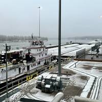 The last tow of the 2023 navigation season: The towboat Thomas Erickson departed Lock and Dam 10, near Guttenberg, Iowa, Dec. 3, with 15 barges. (Photo: U.S. Army Corps of Engineers, St. Paul District)