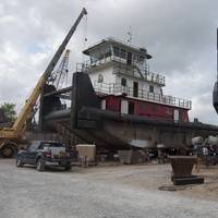 The latest Leboeuf towboat sits between two sisters at the Intracoastal Ironworks yard (photo: Alan Haig-Brown)