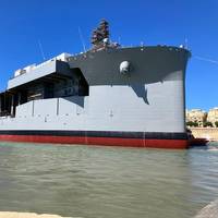 The Lewis B. Puller-class expeditionary sea base USS Hershel “Woody” Williams (ESB 4) undocks during its first Regular Overhaul (ROH), a planned maintenance period, in the European area of operations at Palumbo Shipyard Malta. (Photo: U.S. Navy)