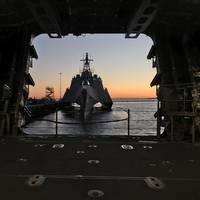 The littoral combat ship USS Jackson (LCS 6) sits pierside in San Diego. (U.S. Navy photo by Miranda V. Williams)