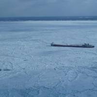 The motor vessel Arthur M. Anderson is beset in ice near Ashtabula, Ohio, Feb. 19, 2015. (Photo courtesy of Canadian Coast Guard)