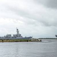 The Navy’s newest amphibious assault ship, USS Tripoli (LHA 7), departed from Ingalls Shipbuilding division today, sailing to its homeport in San Diego. Tripoli enters the Pascagoula River channel passing guided missile destroyer Delbert D. Black (DDG 119), which has been delivered to the Navy by Ingalls, and will sail away later this year. (Photo by Lance Davis/HII)