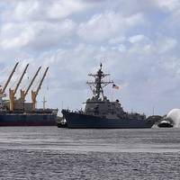 The Navy’s newest Arleigh Burke-class guided-missile destroyer USS Jack H Lucas (DDG 125) arrives for its commissioning ceremony in Tampa, Florida. This is the first Naval warship to bear the name Jack H Lucas. DDG 125 is the first destroyer built in the Flight III configuration. (U.S. Navy photo by Julie Ann Ripley/Released)