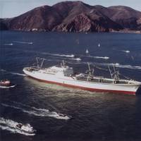 The NS Savannah, the first nuclear-powered merchant ship, is seen reaching the Golden Gate Bridge in 1962. Photo courtesy of National Archives and Records Administration.