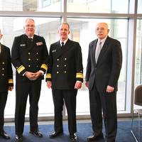 "The President's Panel" helped to bring the 10th Annual Maritime Risk Symposium to a close yesterday. (L to R); Eric Johansson, SUNY Maritime; RADM Michael E. Fossum, Superintendent, Texas A&M Maritime Academy; RADM Michael Alfultis, President, SUNY Maritime College; RADM Francis X. McDonald, President of Massachusetts Maritime Academy, and moderator RADM Fred Rosa (USCG, Ret.), Johns Hopkins APL. (Photo: SUNY Maritime)