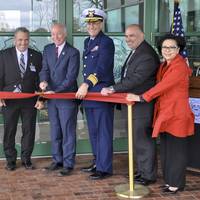 The ribbon is cut at the Coast Guard Science and Technology Innovation Center. Left to right: Capt. Dennis Evans, Mayor Michael Passero, U.S. Rep. Joe Courtney, Adm. Thomas Jones, Dr. Robert Griffin, Anh Duong (Coast Guard Photo by Corey J. Mendenhall)