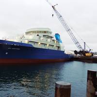 The ship as it was moved into the water at Dakota Creek Industries shipyard in Anacortes, Washington. (Photo courtesy of Gary McGrath, WHOI)
