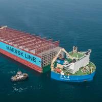 The sound part of the vessel Maersk Honam, which was hit by a serious fire last year, is being transported to Hyundai Heavy Industries Shipyard in South Korea, where it will be rebuilt.  Photo: Maersk